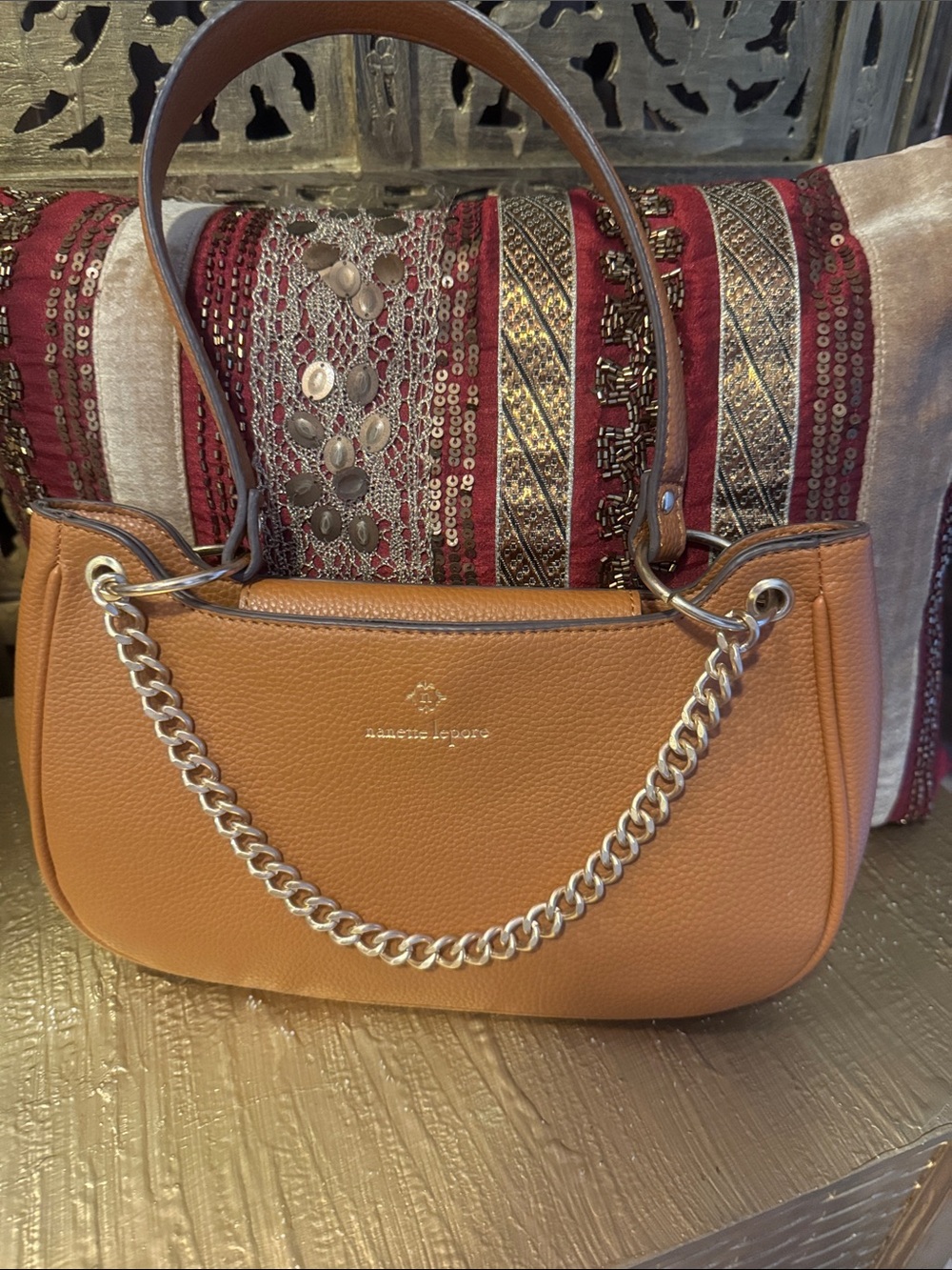 Nanette Lepore Tan Leather Chain-Accent Shoulder Bag